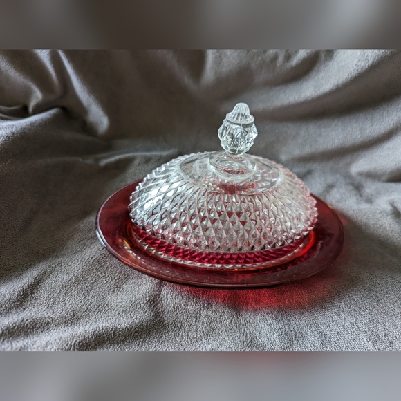 Indiana Glass Diamond Point Ruby Oval Covered Butter Dish - Picture 1 of 5